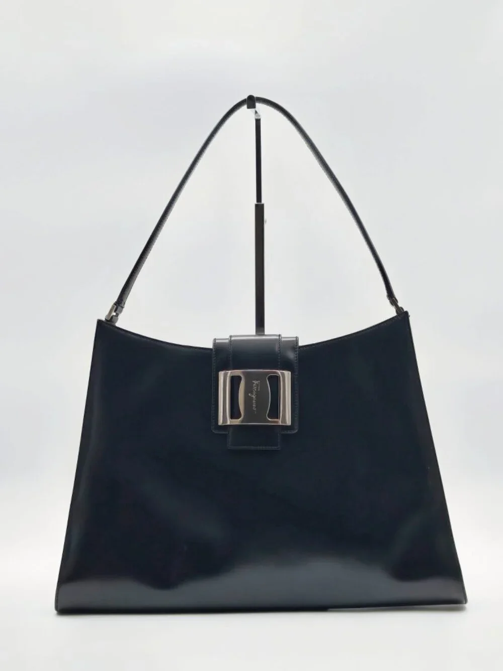 Vintage Salvatore Ferragamo Black Leather Shoulder Bag Gancini Hardware